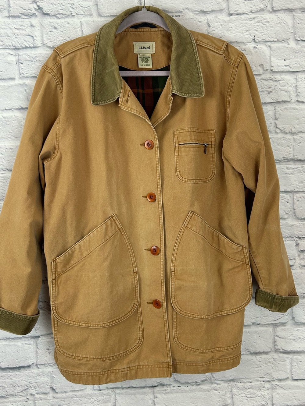 L.L.Bean Womenโs XL Barn Coat Canvas Chore Jacket Plaid Lined Corduroy Collar